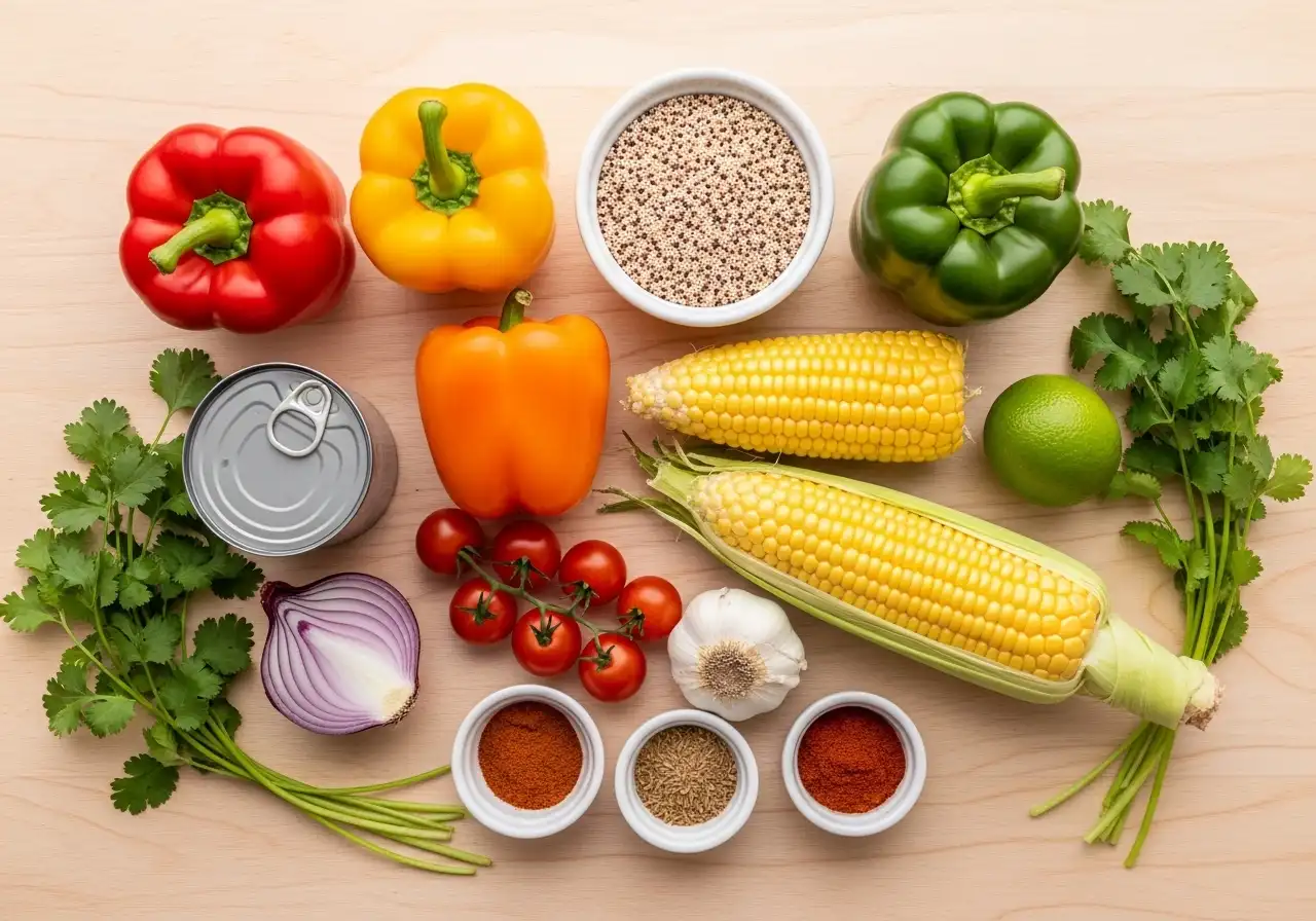 Ingredients for stuffed peppers: colorful bell peppers, quinoa, black beans, corn, onion, garlic, and fresh cilantro.