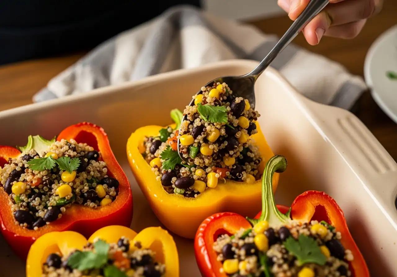 Hands spooning quinoa and black bean filling into hollowed-out bell peppers arranged in a baking dish.