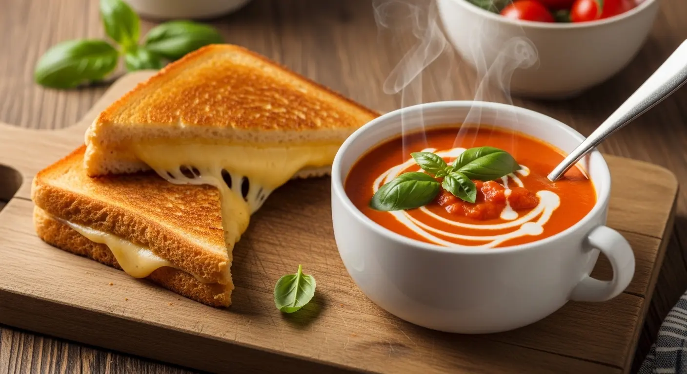 Golden brown vegan grilled cheese sandwich cut diagonally with a bowl of creamy tomato soup garnished with basil.