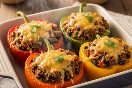 Four vibrant stuffed bell peppers filled with quinoa, black beans, and corn, topped with melted cheese and fresh cilantro.