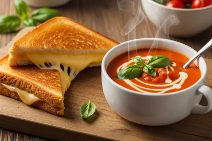 Golden brown vegan grilled cheese sandwich cut diagonally with a bowl of creamy tomato soup garnished with basil.